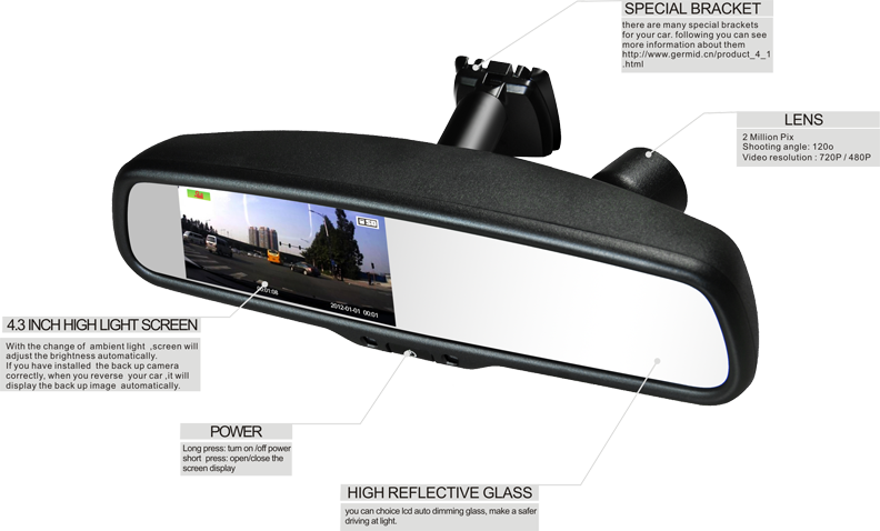 4.3 inch screen dual camera 720P/480P Car DVR Rear View Mirror Monitor  EV-043LA